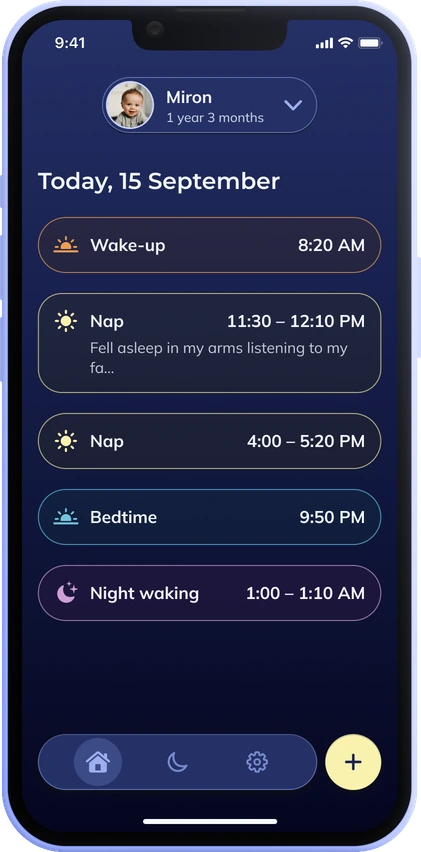 The app home screen: wake-up, two naps, bedtime and a night waking